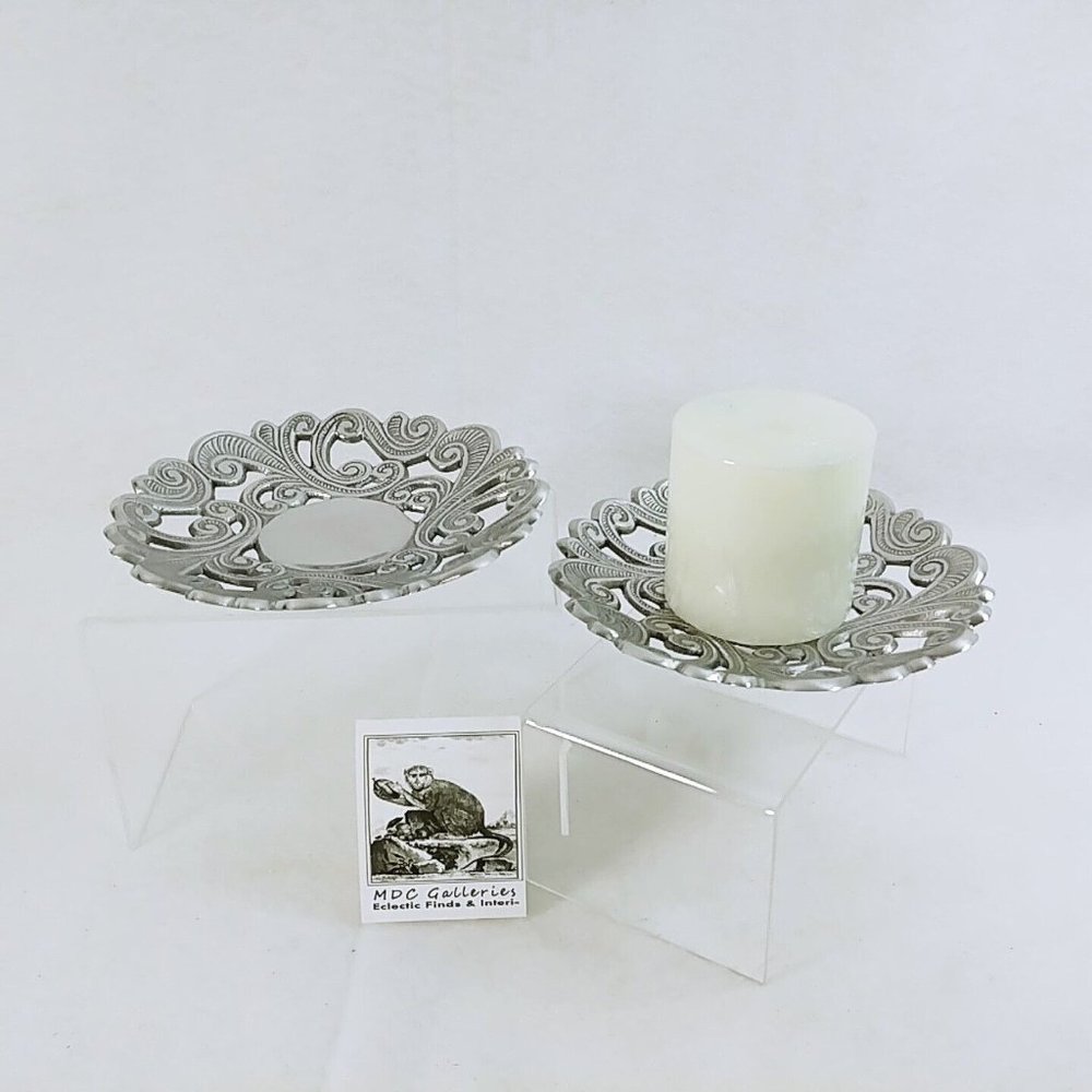 Candle Holder Cast Aluminum Open Weave Scroll Design Made In India Set of 2